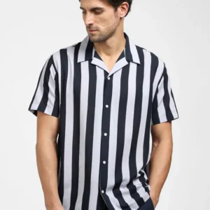 Shoppiolevk Blue Striped Organic Cotton Cuban Collar Shirt